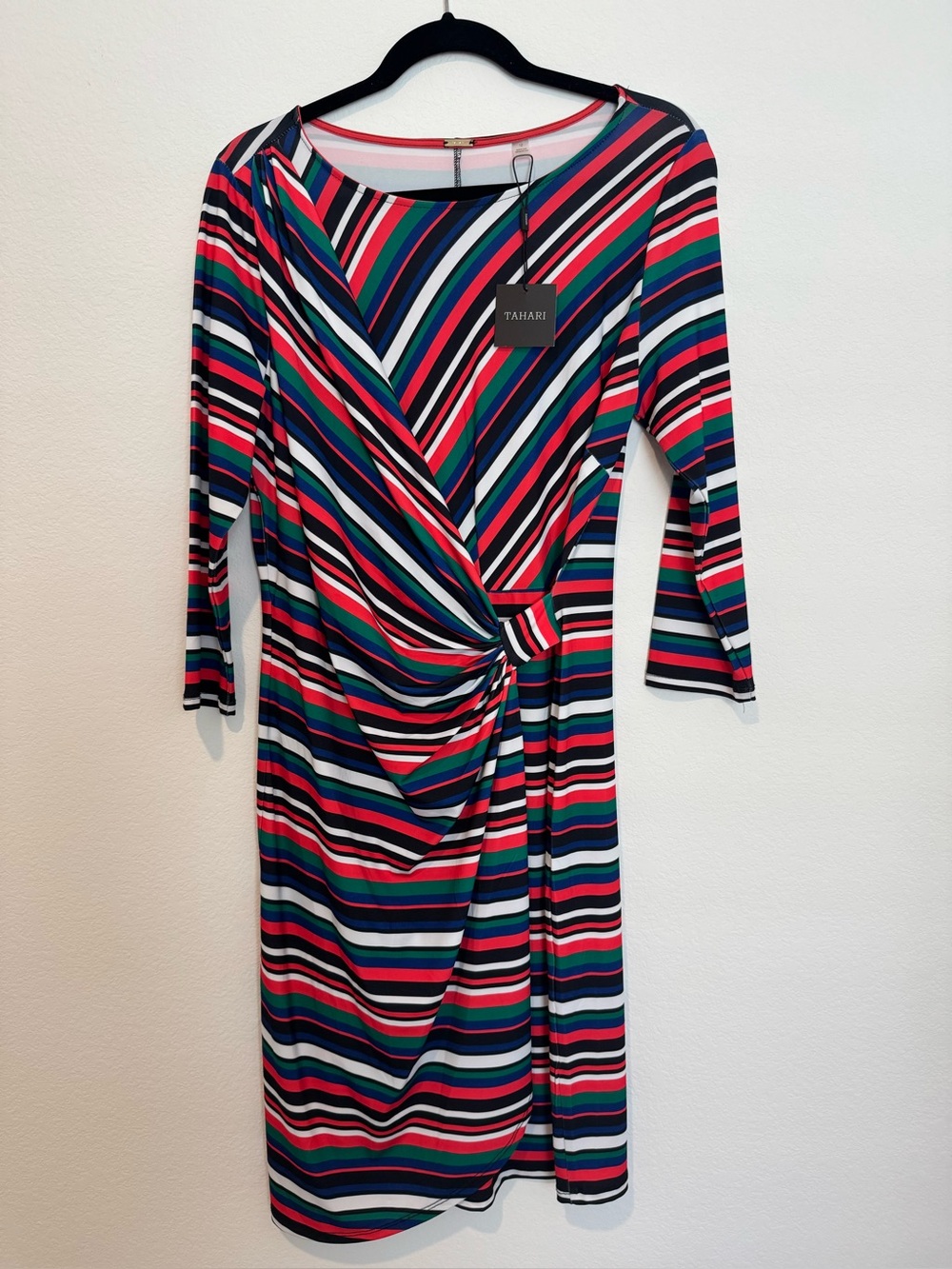 Tahari Multicolored Striped Ruched Jersey 3/4 Sleeve Knee Length Dress